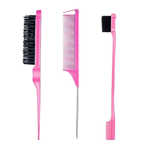 3 Pieces Hair Styling Comb Set (Teasing Hair Brush; Rat Tail Comb; Edge Brush (Pink)